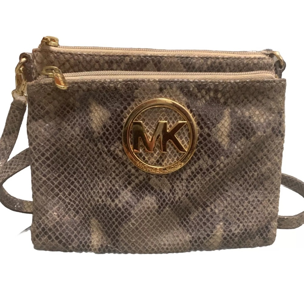 Crossbody Purse Michael Kors In Gray/Gold Snakeskin Patent Leather Built-In Wall